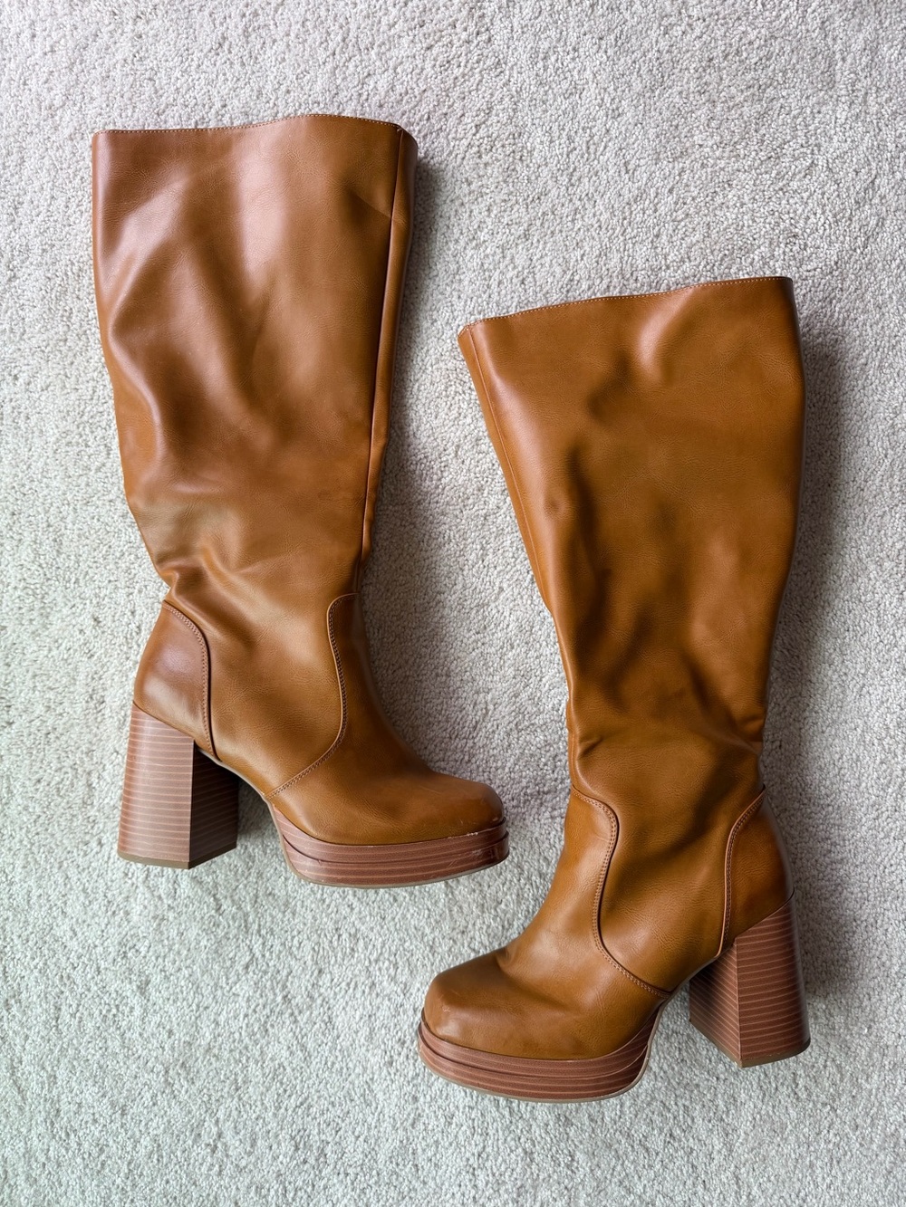 Wide Calf Tall Platform Block Heel Boots - Cognac
